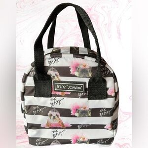 Betsey Johnson Insulated Lunch Tote- B&W Stripes with Pink Princess Bulldog NWOT